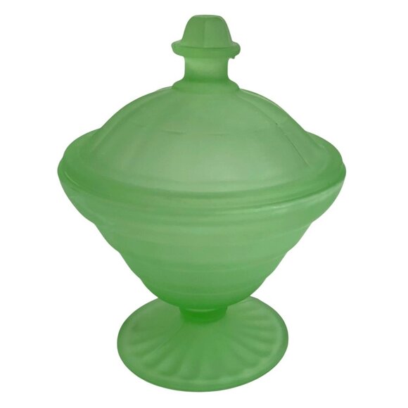 VTG Uranium Glass Covered Pedestal Candy/Trinket Dish Ribbed Base w/ Lid Glows - Picture 6 of 8